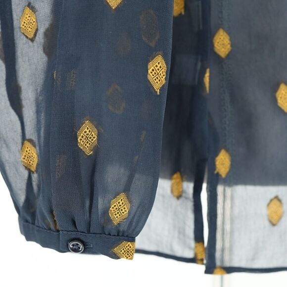 Ann Taylor Top Petites SP PS Navy Blue Sheer Blouse Gold Medallions Embroidery - Picture 12 of 14